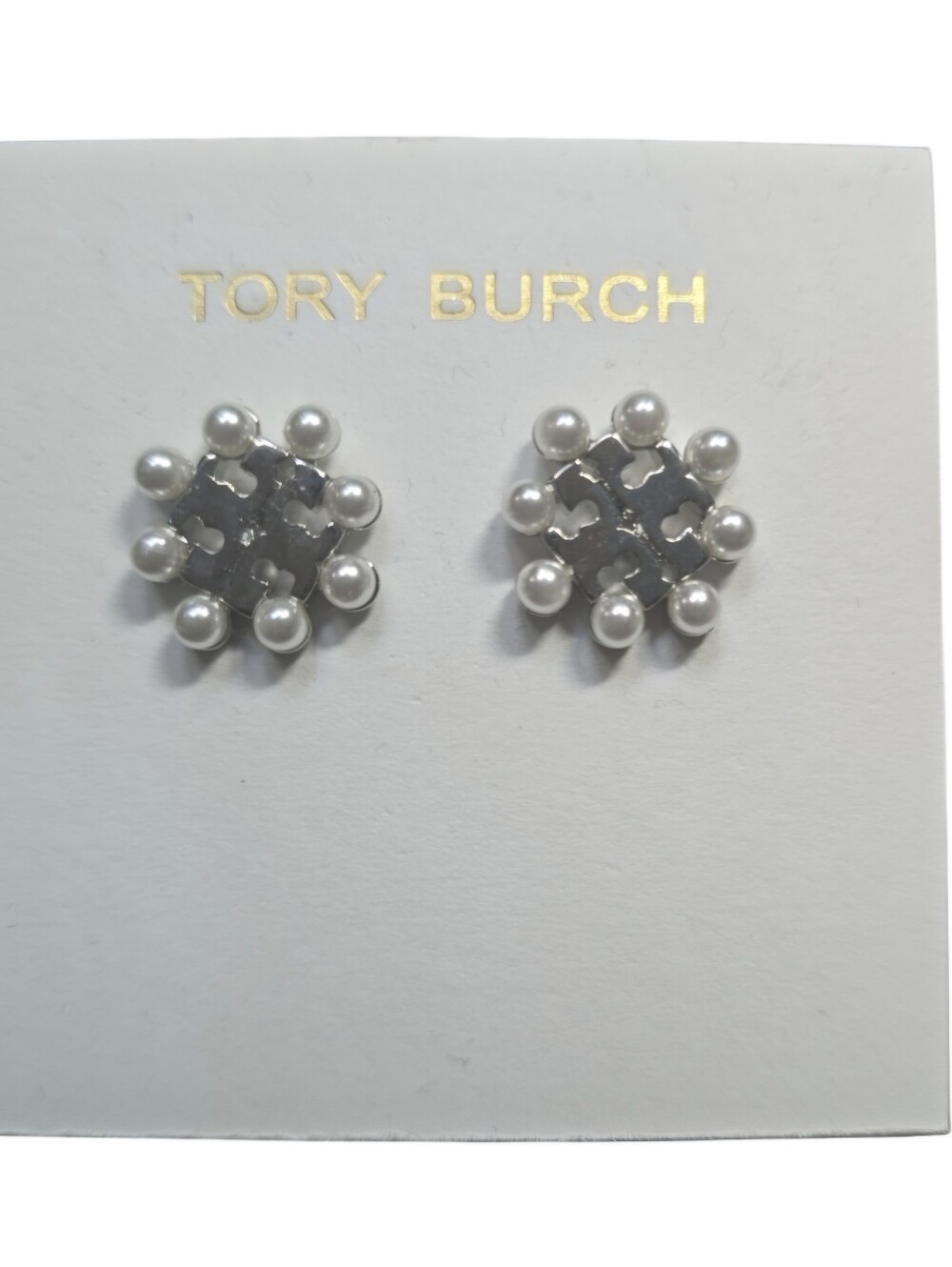 Tory Burch Silver Logo Pearl Halo Stud Earrings